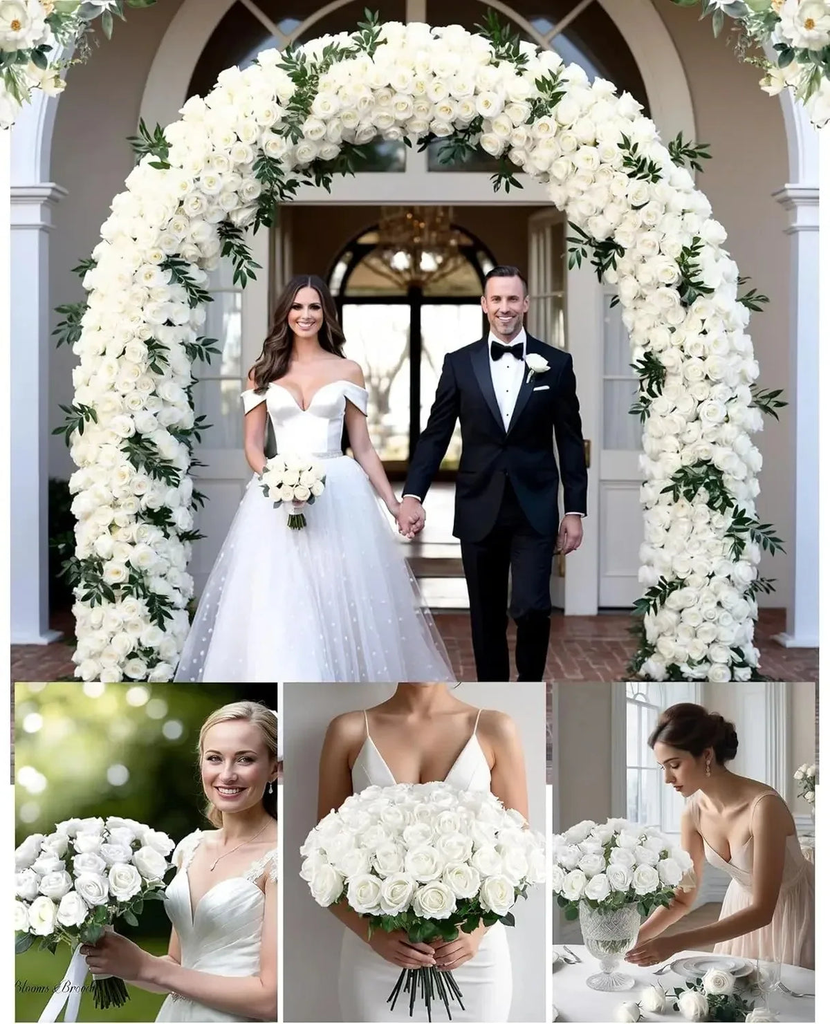 A series of photos showing velvet artificial roses in various arrangements and close-ups for weddings and home decor.