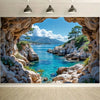A natural rock archway frames a vibrant turquoise sea and lush green coastline under a bright sky.