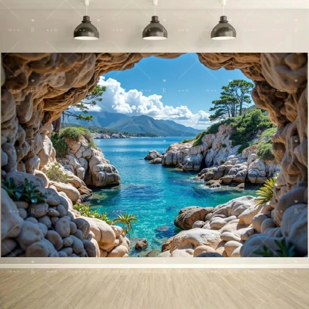 A natural rock archway frames a vibrant turquoise sea and lush green coastline under a bright sky.