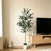 A lifelike artificial olive tree in a white planter stands next to a wooden shelf and a black television on a light-colored w
