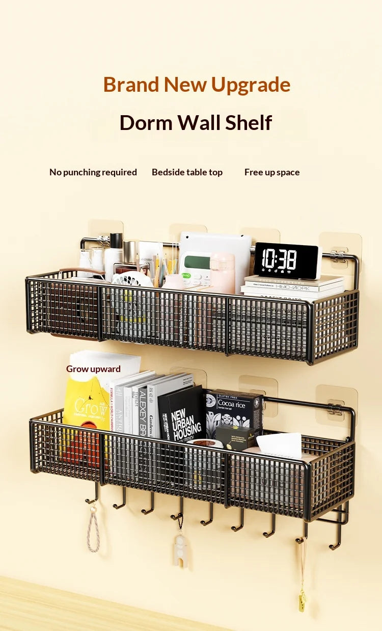 A black dorm wall shelf with multiple compartments for organizing study materials and personal items.