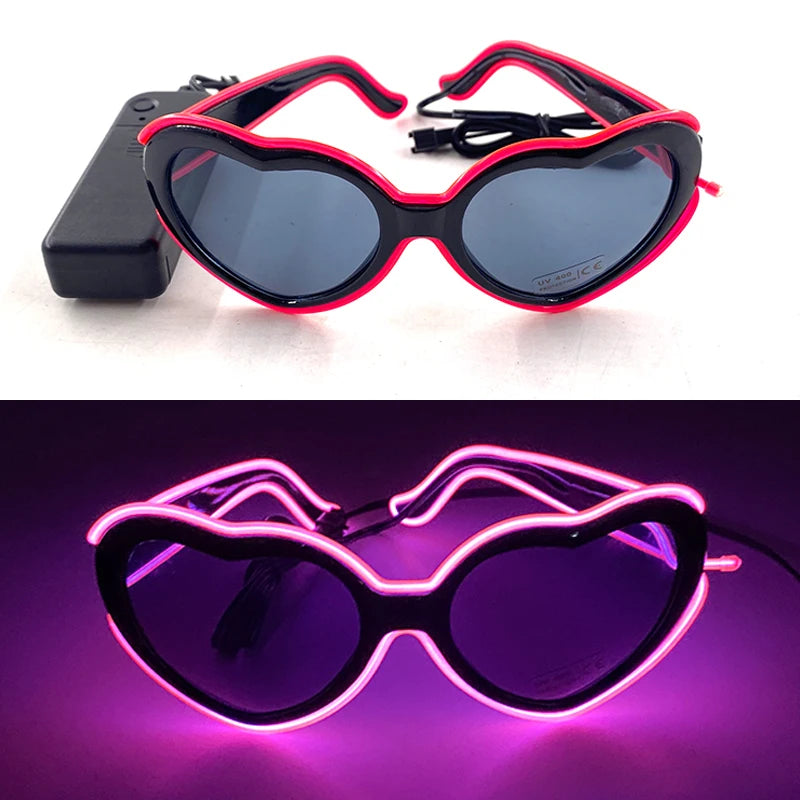Pink and black heart-shaped LED wire party glasses with a black light glow