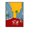 A painting depicting a vibrant yellow sun illuminating a street scene with buildings and palm trees, casting shadows onto a r