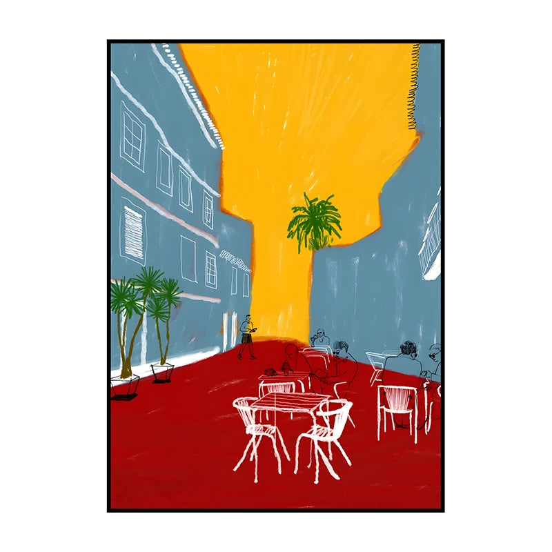 A painting depicting a vibrant yellow sun illuminating a street scene with buildings and palm trees, casting shadows onto a r