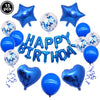 A set of 15 blue and silver foil letter balloons for a birthday party decoration.