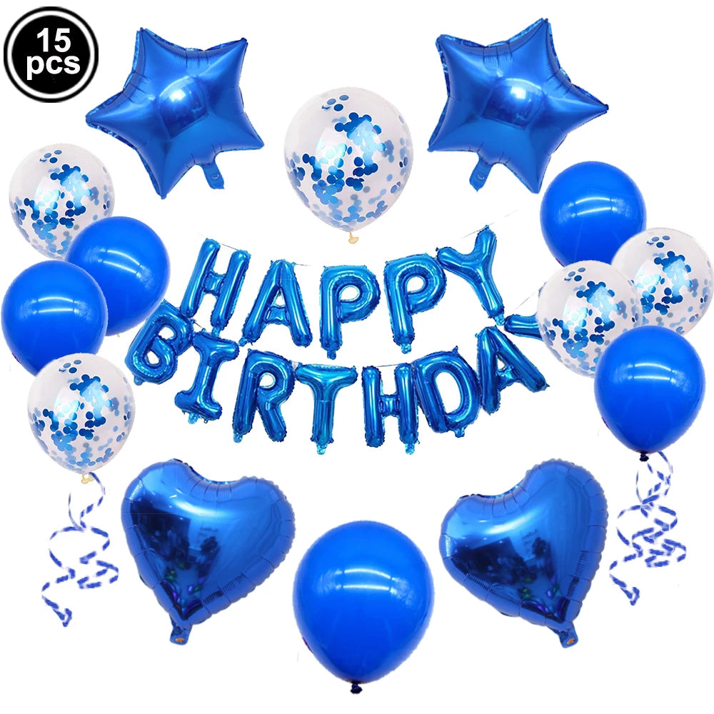 A set of 15 blue and silver foil letter balloons for a birthday party decoration.