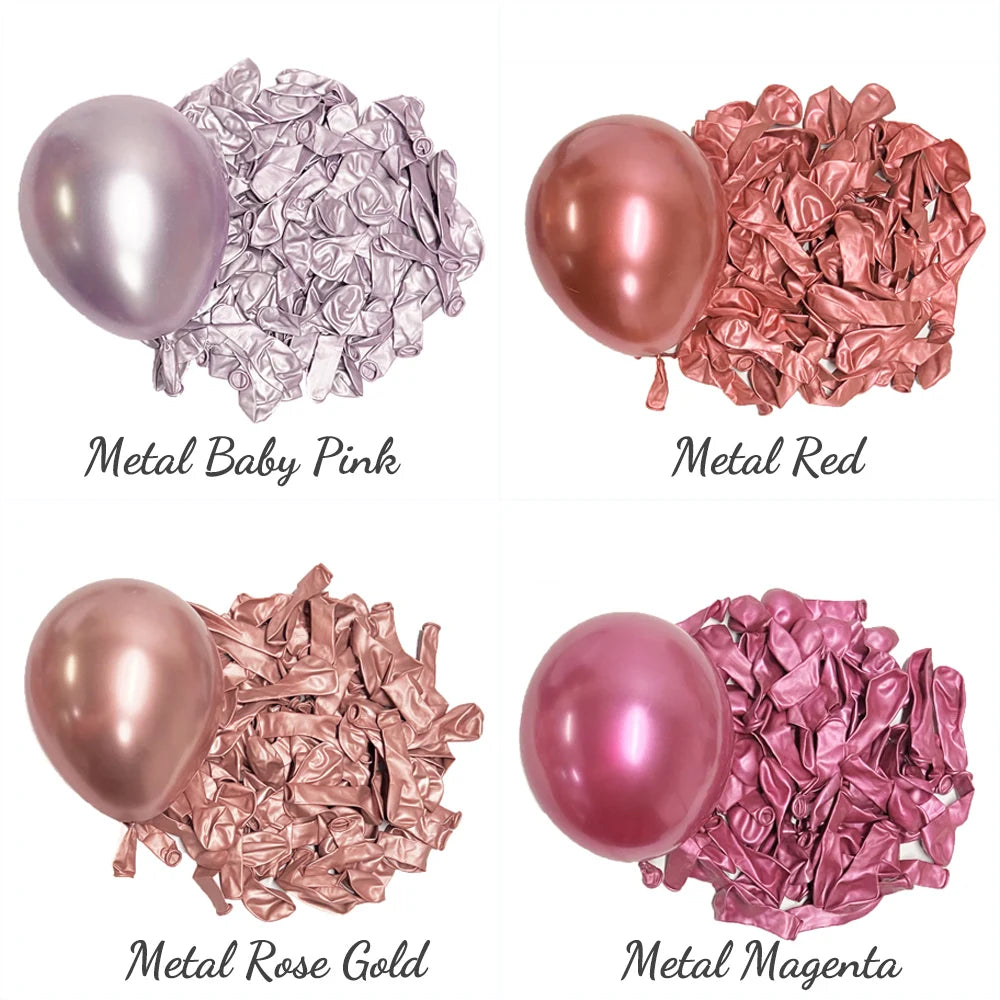 Four metallic latex balloons in pink, red, gold, and magenta are shown next to their crinkled foil wrappers.