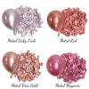 Four metallic latex balloons in pink, red, gold, and magenta are shown next to their crinkled foil wrappers.