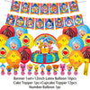 A banner featuring cartoon animals and a set of latex balloons, including cake toppers and number balloons.