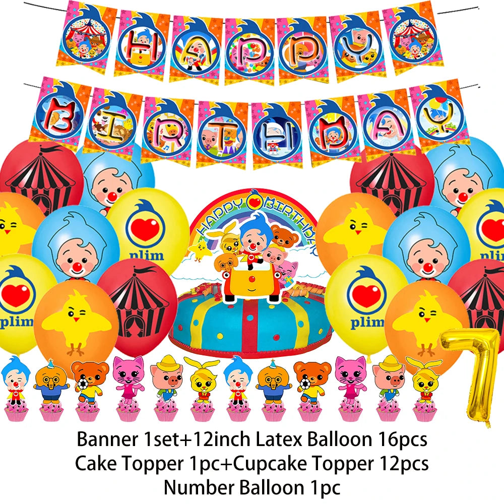A banner featuring cartoon animals and a set of latex balloons, including cake toppers and number balloons.