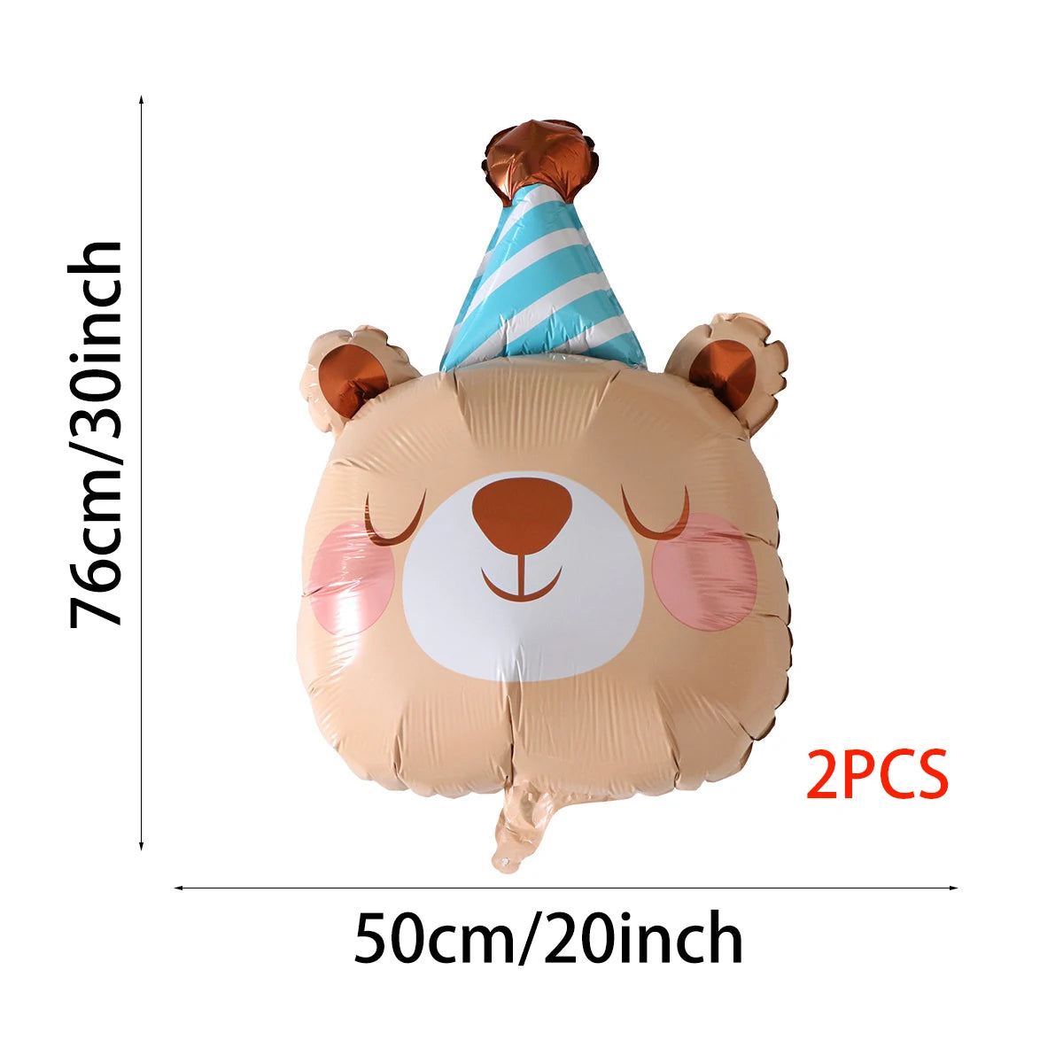 Two brown animal-themed foil balloons shaped like bears with striped conical tops