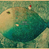 A watercolor-style illustration of a green fish with a red hat, set against a textured teal background.