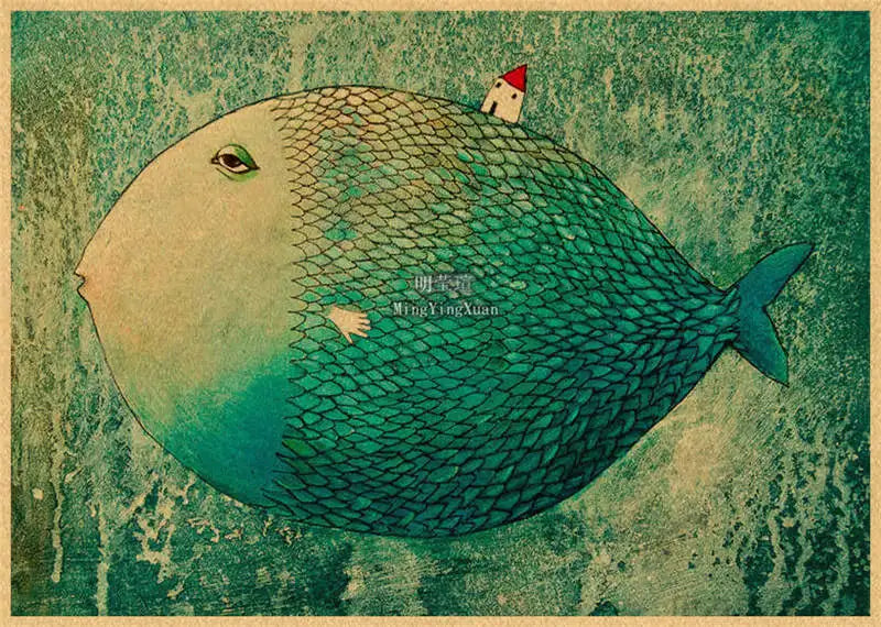A watercolor-style illustration of a green fish with a red hat, set against a textured teal background.