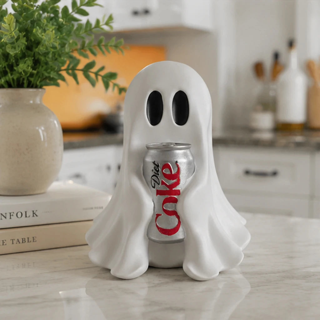 Figure en résine fantôme blanche tenant une canette d'aluminium Diet Coke rouge et blanche sur une surface de marbre.