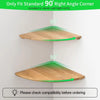 A natural wooden floating shelf designed for a 90 degree right angle corner installation.
