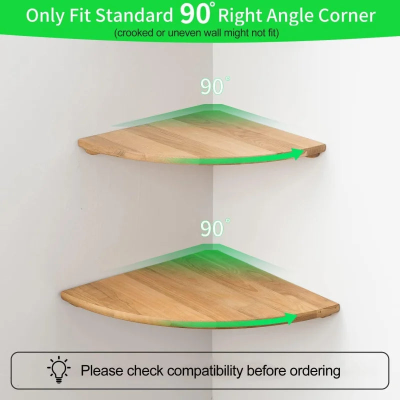 A natural wooden floating shelf designed for a 90 degree right angle corner installation.