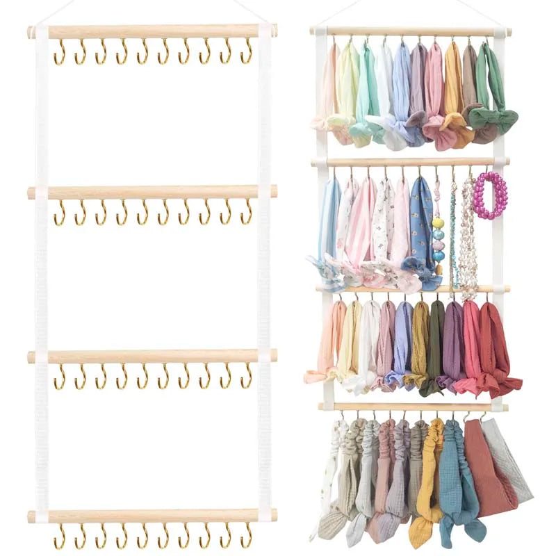 Wall-mounted headband holder displaying various colored hair accessories and headbands.