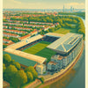 A vintage-style illustration of Fulham FC's Craven Cottage stadium and surrounding landscape.