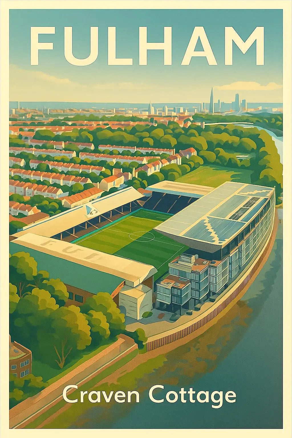 A vintage-style illustration of Fulham FC's Craven Cottage stadium and surrounding landscape.