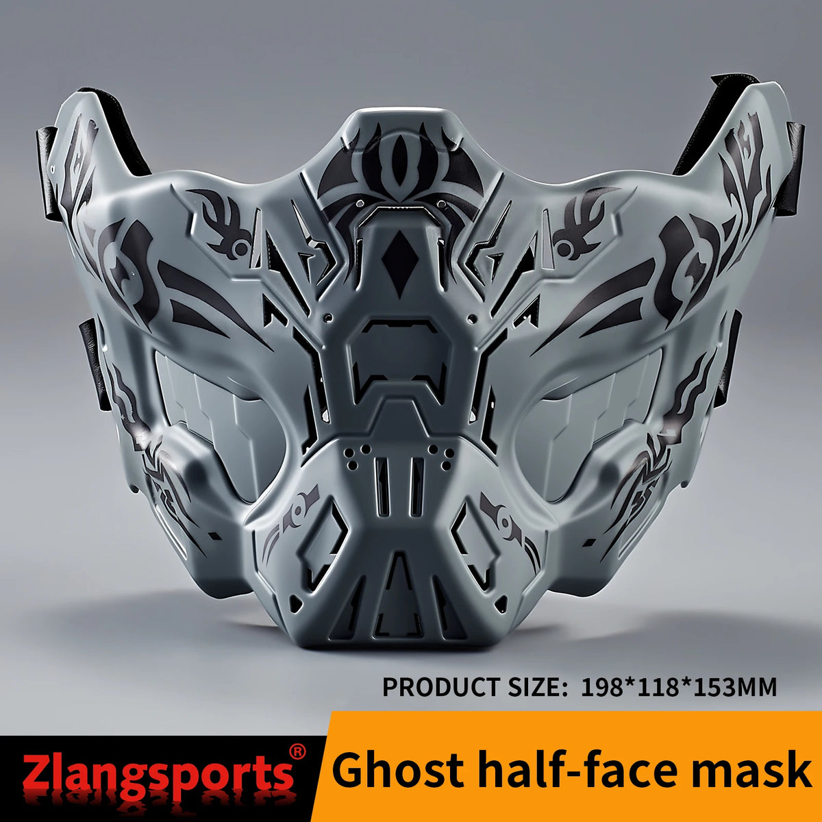 A gray tactical silicone half-face mask with intricate, stylized patterns is shown from a frontal view.