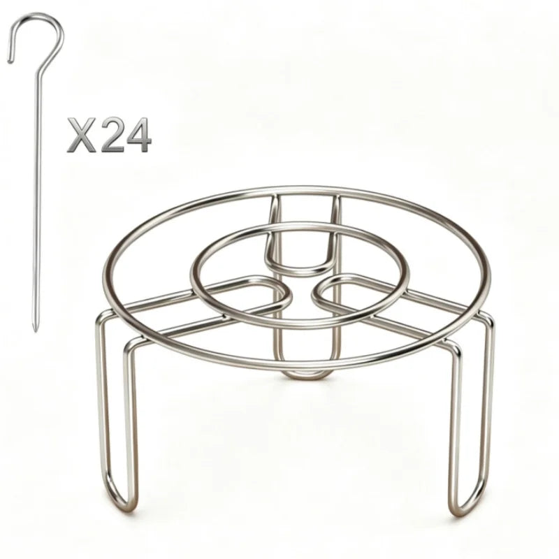 A stainless steel vertical skewer rack for an air fryer, with 24 skewers included.