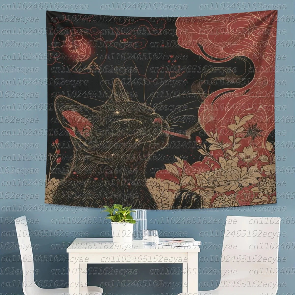 A tapestry featuring a black cat smoking under the moon in a reddish-brown and black design.