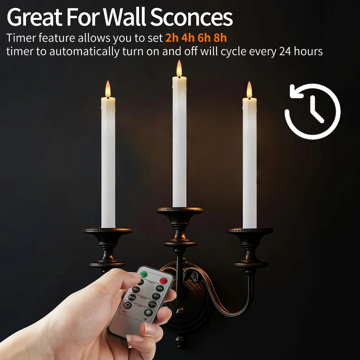 A hand holds a remote control for rechargeable LED taper candles with a timer, positioned near lit candles on a dark backgrou