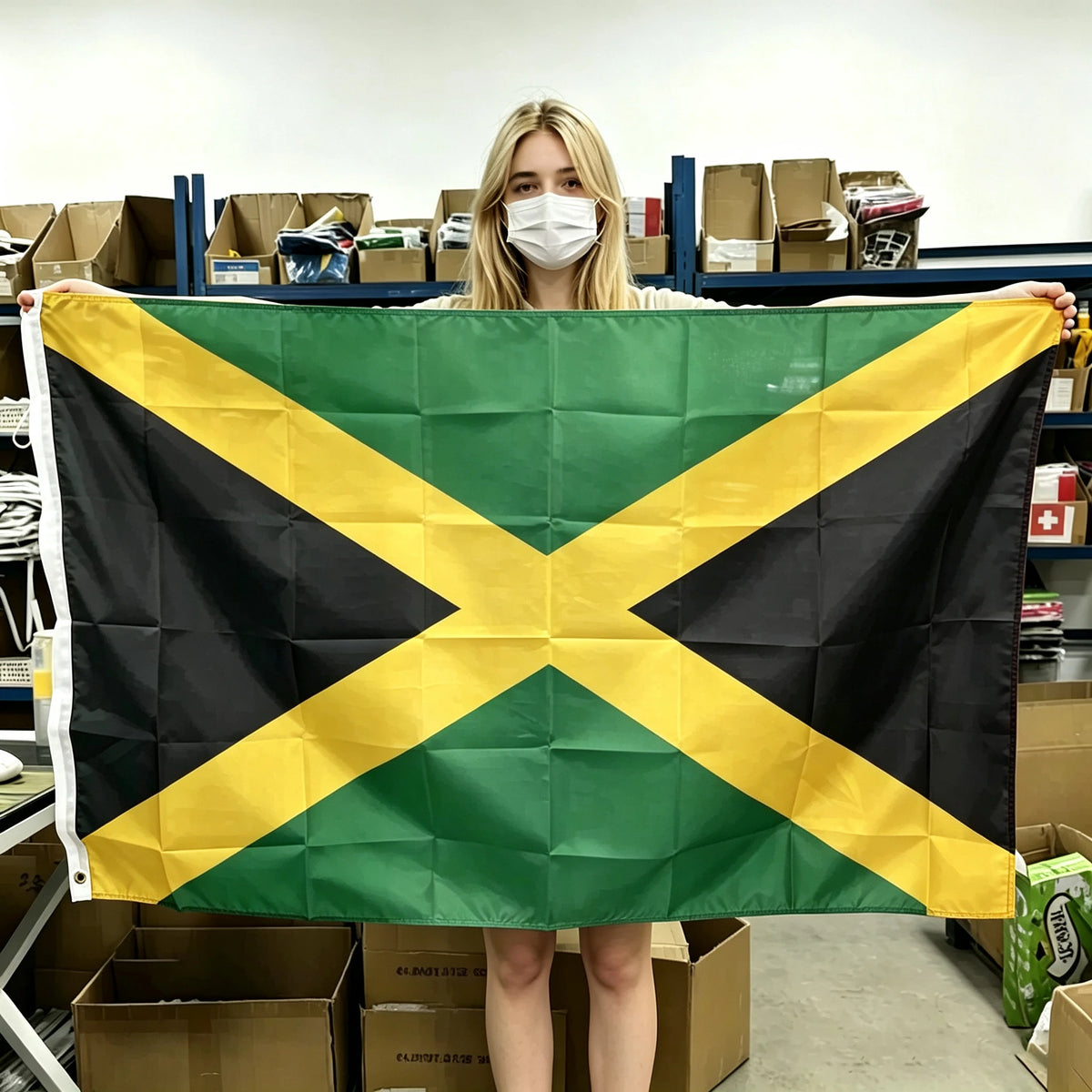 A person holds a green, black, and yellow Jamaican flag tapestry with brass grommets in a warehouse setting.