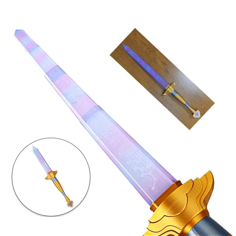 A purple and gold Lumi Symbol sword cosplay prop with a wooden display board.