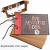 A brown vintage kraft scrapbook album with a red cover and a leather cord, featuring replaceable inner pages.