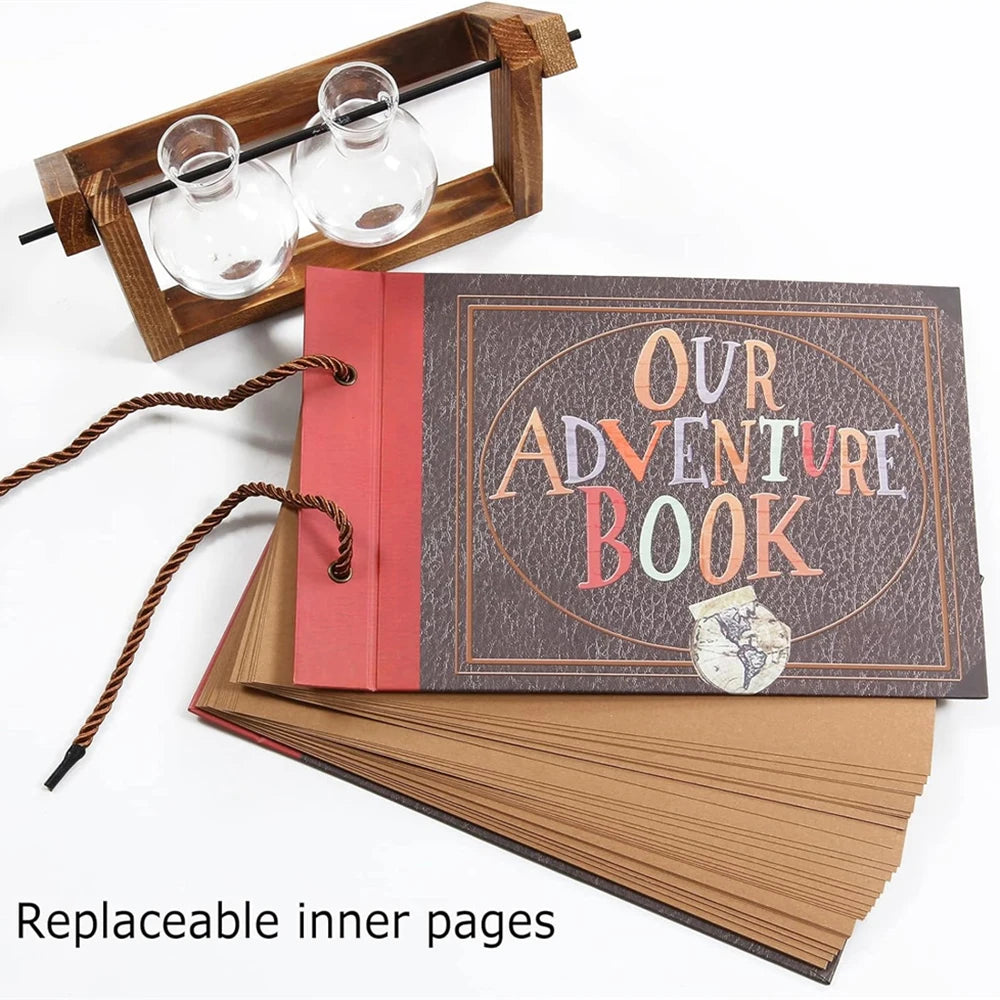 A brown vintage kraft scrapbook album with a red cover and a leather cord, featuring replaceable inner pages.