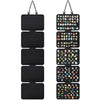 A vertical display panel featuring numerous hanging felt lapel pins arranged in rows.