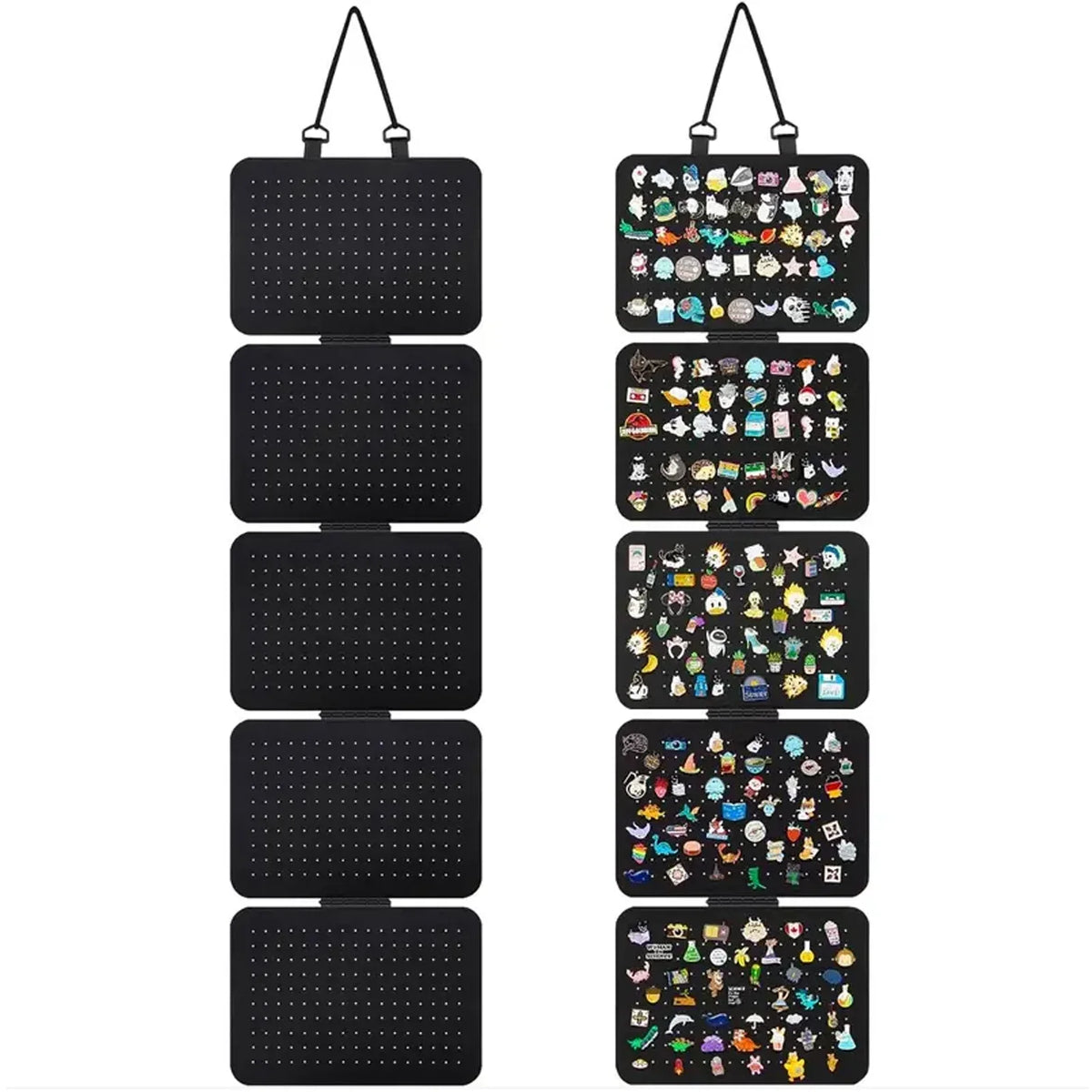 A vertical display panel featuring numerous hanging felt lapel pins arranged in rows.