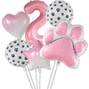 A set of six foil balloons including a heart, the number 2, and various paw print shapes in pink and white.