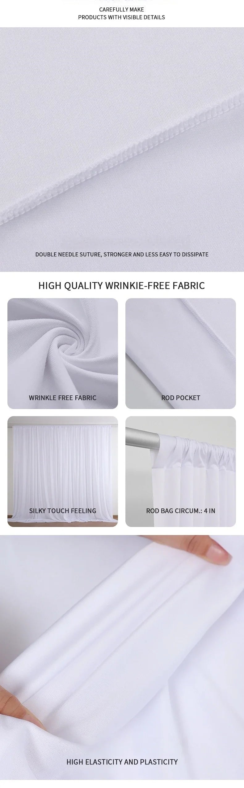 White silky touch fabric showing wrinkle-free drape and elasticity for drapery backdrop