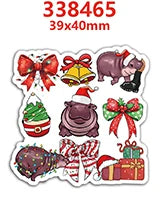 A collection of acrylic flatback charms featuring animals like a elephant and a pig, along with Christmas-themed items such a