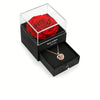 Un coffret noir à couvercle transparent contenant une rose rouge conservée et un collier en chaîne dorée.