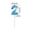 A blue number 2 candle with measurements indicating its size.