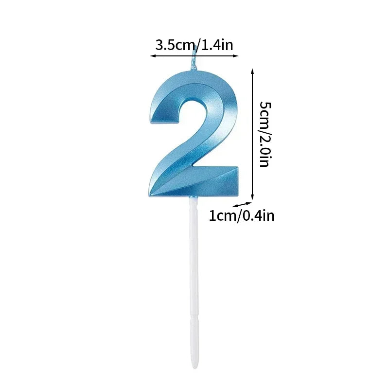 A blue number 2 candle with measurements indicating its size.