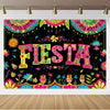 A vibrant Mexican carnival theme backdrop banner featuring colorful floral patterns and large text spelling 'FIESTA' against 
