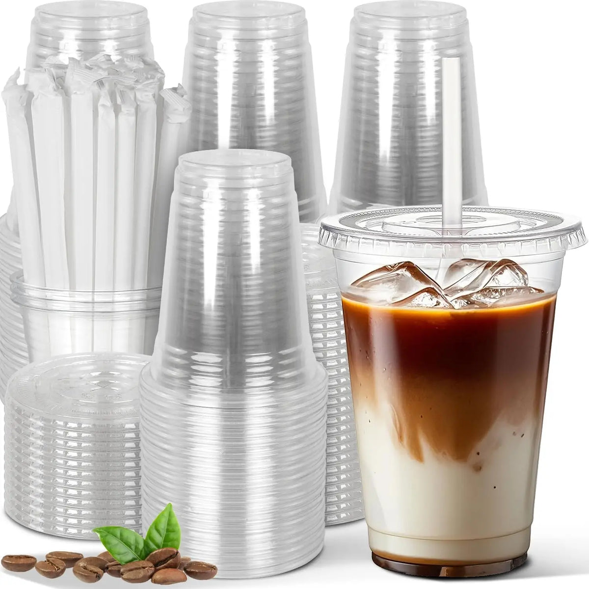 A collection of clear disposable plastic cups with lids and straws, alongside coffee beans.