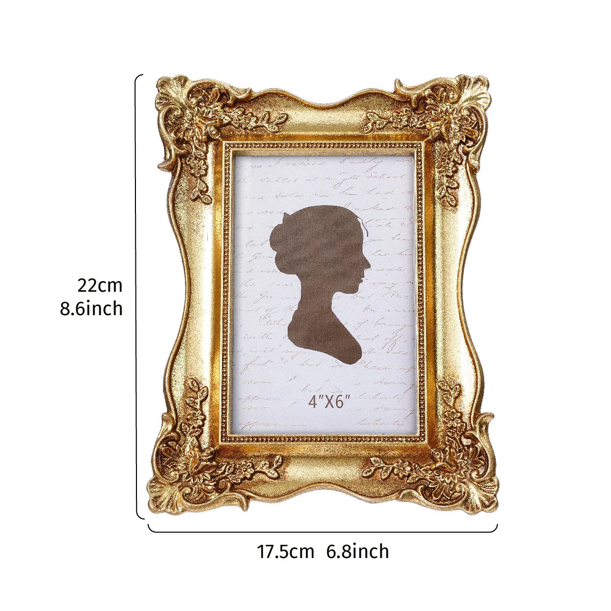 Gold-framed rectangular photo frame with a distressed finish and a silhouette of a profile face inside