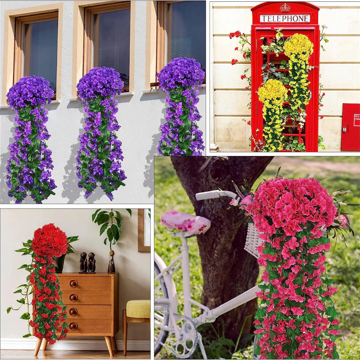Artificial violet ivy hanging garland featuring purple and green flowers used for weddings and home decor