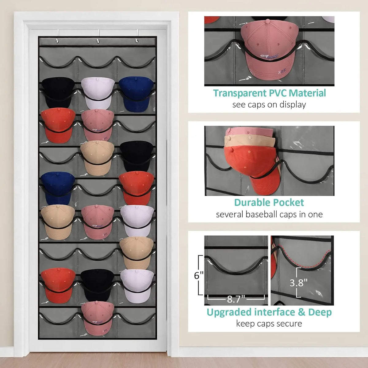 A clear door hat organizer with multiple pockets for storing baseball caps.