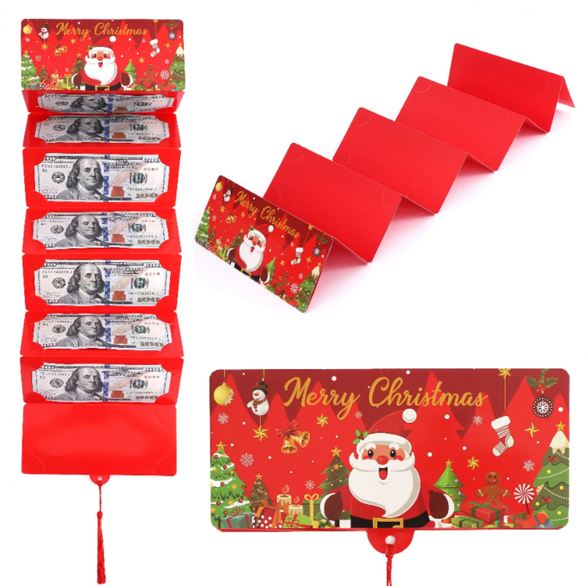 A festive red Santa Claus money holder with ten slots for cash gifts.