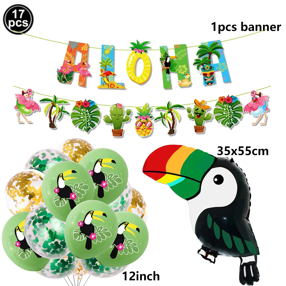 A set of Hawaiian luau party sunglasses and table mats featuring tropical designs and a banner.