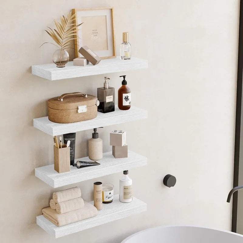 A modern wooden floating wall shelf organizer displaying various skincare and cosmetic products.