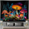 A tapestry featuring glowing, colorful mushrooms against a dark background.