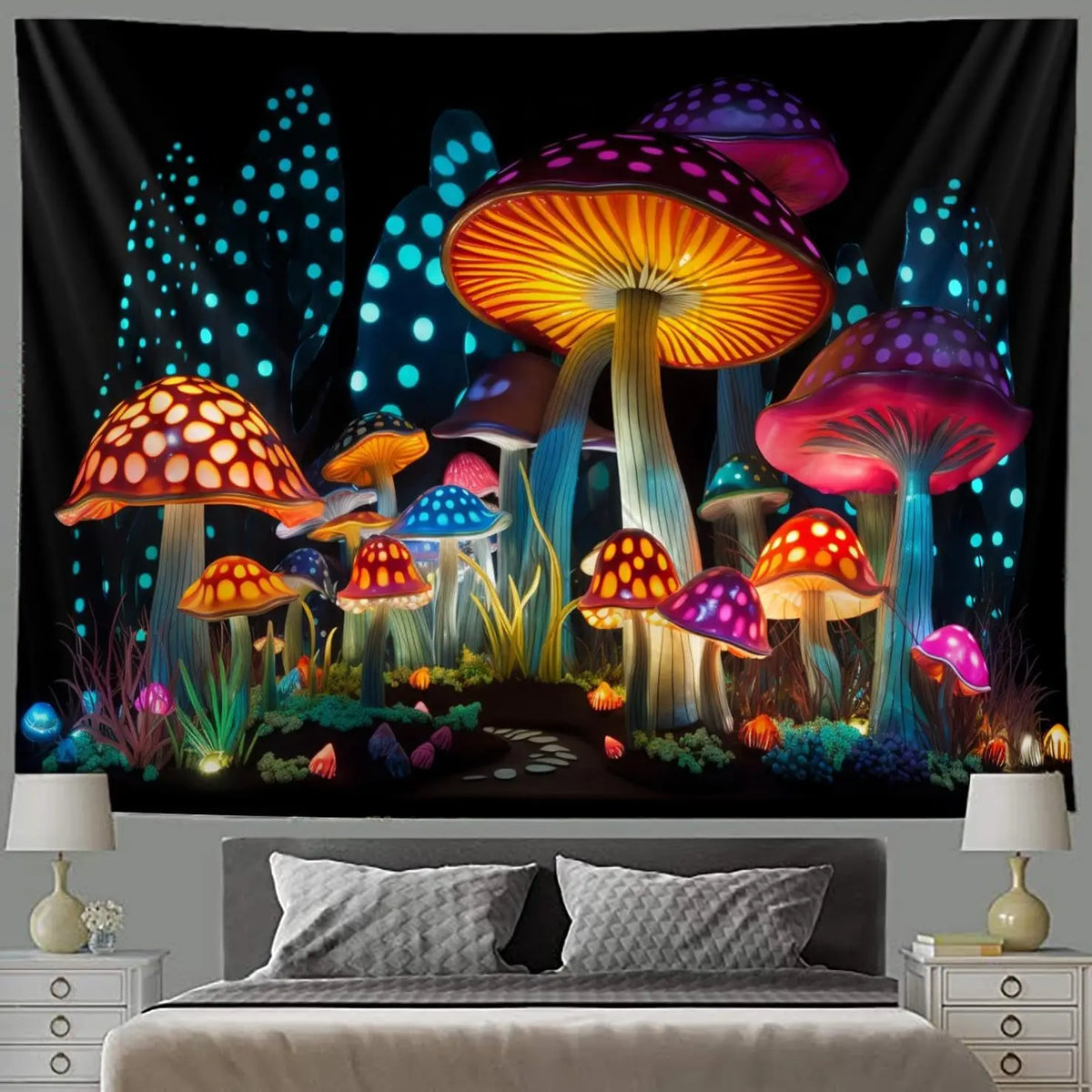 A tapestry featuring glowing, colorful mushrooms against a dark background.