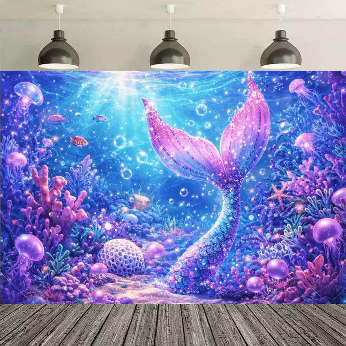 A vibrant underwater scene featuring a shimmering purple mermaid tail and glowing bubbles against a blue background.